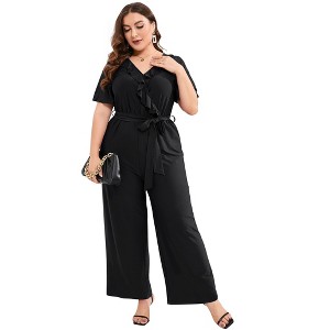 Women Plus Size Ruffle V Neck Short Sleeve Wide Leg Jumpsuits Summer Casual Belted Rompers - 1 of 4