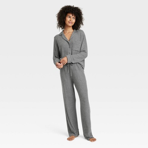 Women s Cozy Ribbed Long Sleeve Notch Collar Shirt And Pants Pajama Set Auden Dark Gray Xs Target