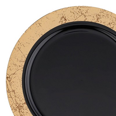 Smarty Had A Party 10.25" Black w/ Gold Marble Rim Plastic Dinner Plates - 120 Sets