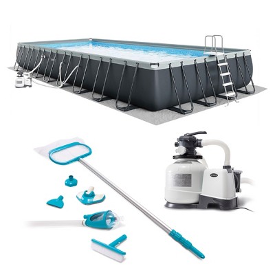 Intex 26373EH 32ft x 16ft x 52in Ultra XTR Frame Above Ground Rectangular Swimming Pool Set with Sand Filter Pump, Ladder, Cover, & Maintenance Kit