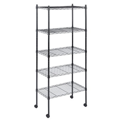 Vynxaria Black 5-Tier Utility Storage Shelves, Adjustable Wire Rack with Wheels, 30" D x 14" W x 65" H