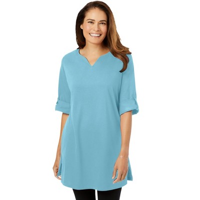 Woman Within Women's Plus Size Perfect Roll-Tab-Sleeve Notch-Neck Tunic