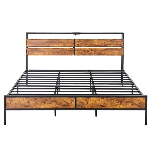 VECELO Full/Queen/King Size Bed Frame, Metal Platform Bed with Wooden Headboard & Charging Station, Sturdy Steel Slats Support, Brown - 1 of 4