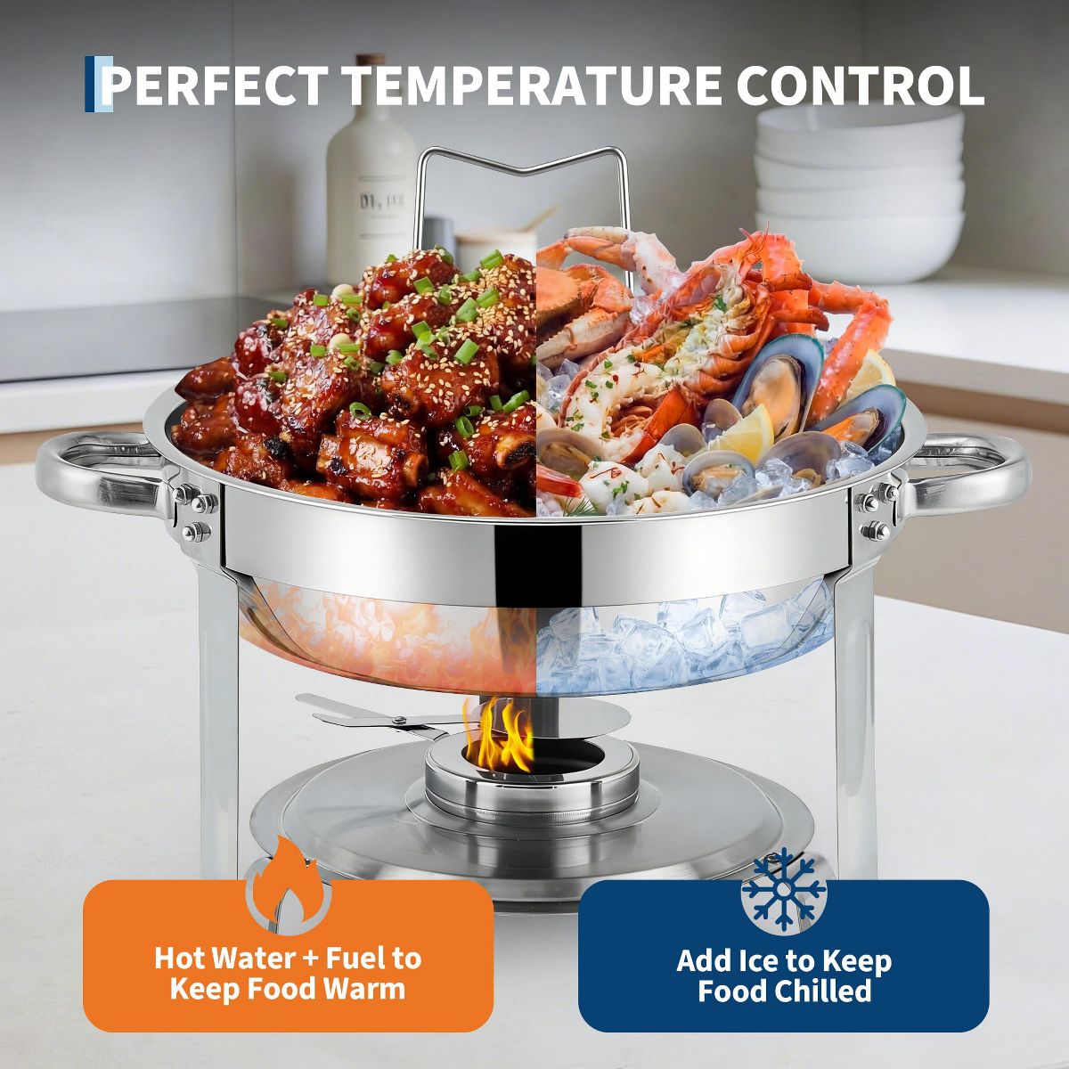 6QT Round Stainless Steel Chafing Dishes, Set of 4 Buffet Food Warmers, Metal Lids, for Catering, Parties, Silver - thumbnail 3