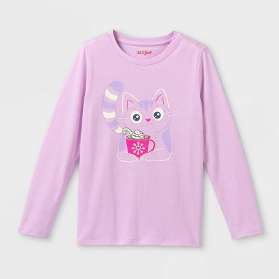 Girls' 'Hot Cocoa Kitty' Long Sleeve Graphic T-Shirt - Cat & Jack™ Light Purple