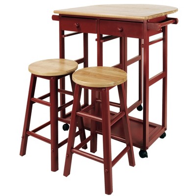 Casual Home Drop Leaf Hardwood Breakfast Cart Kitchen Table with 2 Wooden Nesting Stools and 2 Storage Drawers