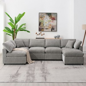 Okak 130" Convertible U-Shaped Sectional Sofa Bed W Ottoman, 6 Seat Cloud Upholstered Sleeper Sofa Free Combination for Living Room,Apartment, Gray - 1 of 4