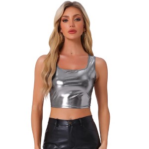INSPIRE CHIC Women's U Neck Sleeveless Party Clubwear Shiny Metallic Crop Tank Tops - 1 of 4