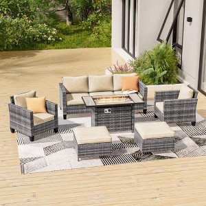 Sonkuki 6 Pieces Patio Sofa with Rectangle Fire Pit Table and Ottomans, Wicker Conversation Couch, Navy Blue Cushion - 1 of 4