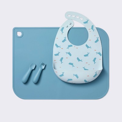 Silicone Bib and Utensil Feeding Set - 4pc - Blue - Cloud Island&#8482;