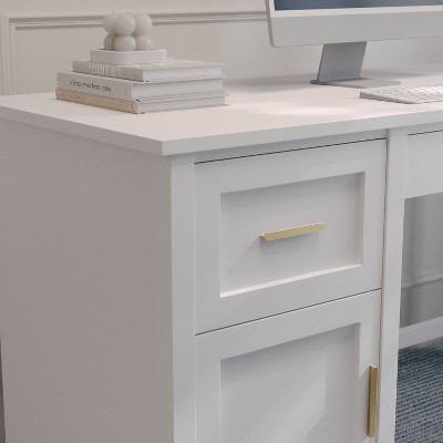 White Wood Home Office Desk with Brass Hardware and Storage