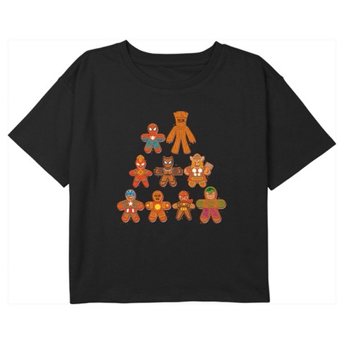 Girl's Marvel Christmas Gingerbread Cookie Tree Avengers Crop T-Shirt - image 1 of 3