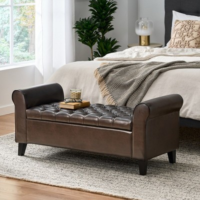 Upholstered Storage Ottoman Bench With Arms, Bed Bench Entryway Bench With Storage, PU End Of Bed Bench Shoe Bench