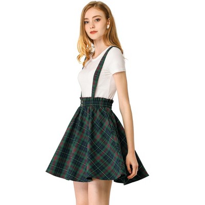 Allegra K Women s Plaid Pleated Mini Tartan Overall Skater Suspender Skirt Blue Green Medium