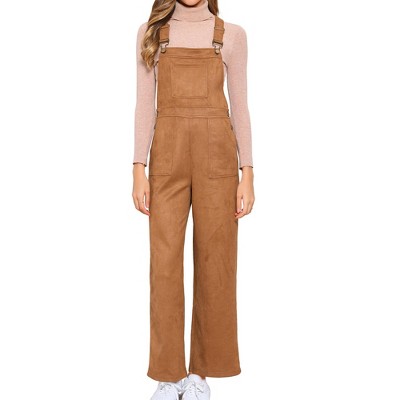 INSPIRE CHIC Women's Faux Suede Overall Wide Leg High Waist Adjustable Straps Casual Jumpsuit