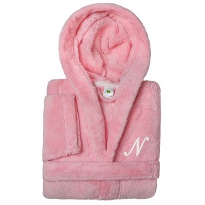 Personalized Linum Kids 100% Polyester SUPER PLUSH Double Brushed Hooded Bathrobe in White Script Font - 1 of 3