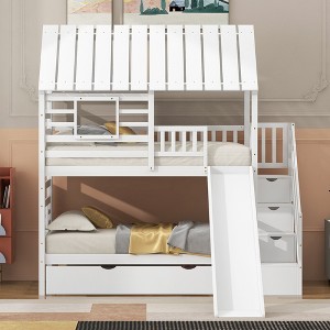 Racxily Twin over Twin House Bunk Bed with Trundle and Slide, Storage Staircase, Roof and Window Design, White - 1 of 4