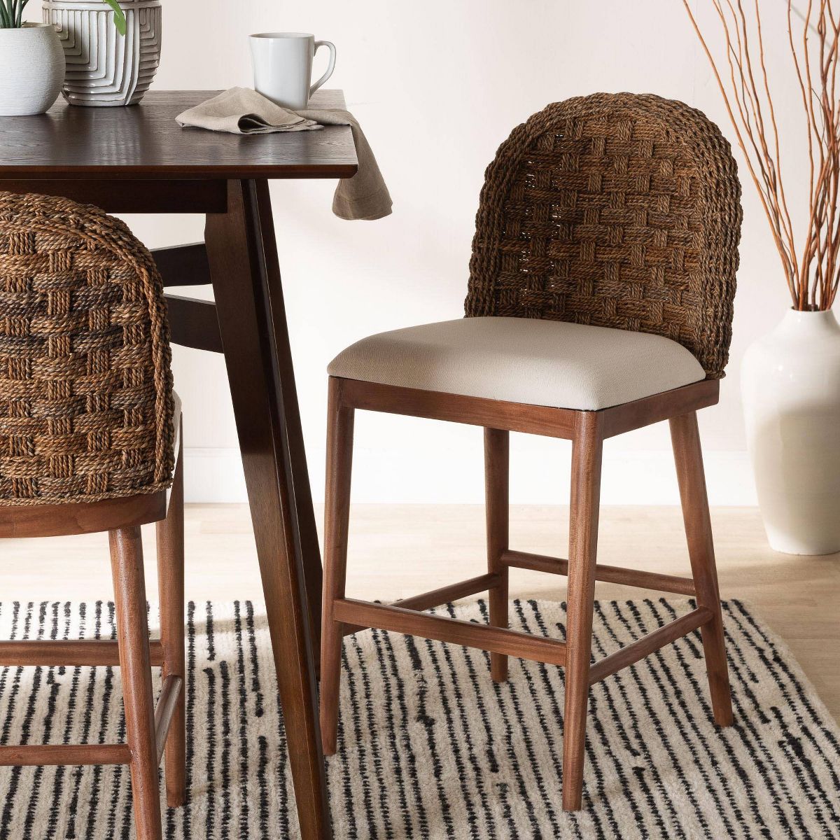 bali & pari Denver Acacia Wood and Seagrass Counter Height Barstool White/Walnut Brown: Upholstered Polyester, Fixed Seat - thumbnail 3