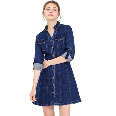 Allegra K Women's Button Down Collar V Neck Long Sleeve A-line Denim Dress