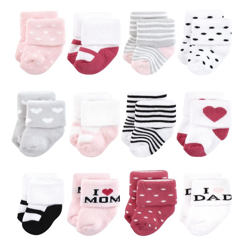 Hudson Baby Infant Girl Cotton Rich Newborn and Terry Socks, Mom and Dad Girl Pink Black, 1 of 10