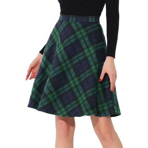 Allegra K Women s Plaids Vintage Tartan Elastic Waist Knee Length A line Skirt Green Medium Target