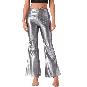 Allegra K Women's Disco Outfit Drawstring Metallic Wide Leg Pants - 1 of 4