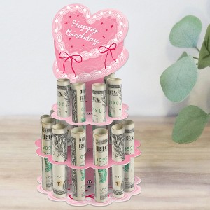 Pink Heart Cake Birthday Money Gift Display, DIY Cash Holder Stand with 20 Bill Slots, Vintage Coquette Money Cash Cake Gift Stand for Girls Birthday - 1 of 4