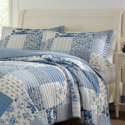 Blue Cotton Twin Reversible Patchwork Quilt Set