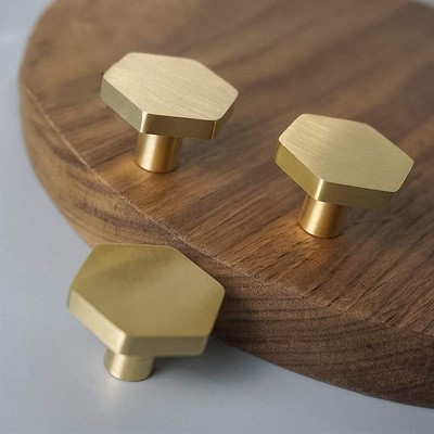 attop 1-1/10" Solid Brass Knobs Shoe Cabinets Knob and Pulls Brushed Gold Hexagon Handles for Dresser Drawer (8Pcs)