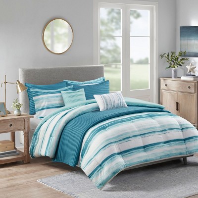 Sapphtopaz Bedding Comforter Set 8 Piece Watercolor Stripes Print Seersucker Channel Stitch Reversible Quilting Quilt Set