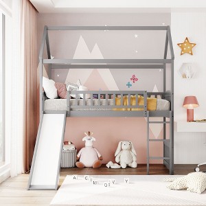Twin Size Loft Bed with Slide and Guardrails, Wood Playhouse Loft Bed Frame for Kids with Ladder - 1 of 4