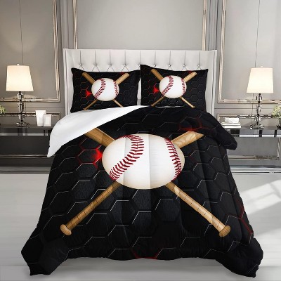 Acoinel 3 Pcs Baseball Lightwight Ultra Soft Comforter Set with 2 Pillowcases, Black