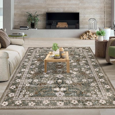 homfan Area Rug Retro Boho Mottled Flowers Rug Durable Non-Shedding Low Pile Washable Carpet for Living Room Bedroom