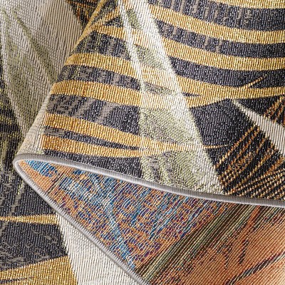 Black and Gold Tropical Synthetic Round Area Rug