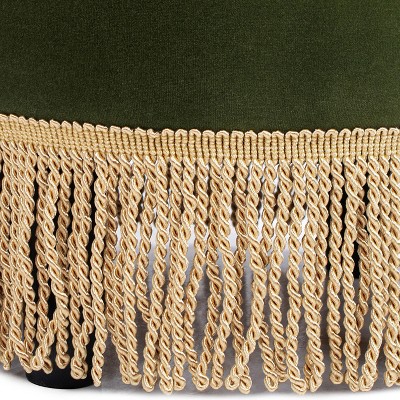 Olive Green Velvet Round Tufted Ottoman with Bullion Fringe