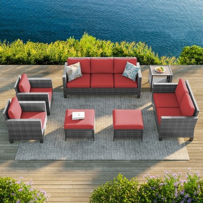 Sonkuki 7 Pieces PE Rattan Furniture Set with Side Table, Patio Chair with Cushion, Ottomans for Lawn, Light Gray
