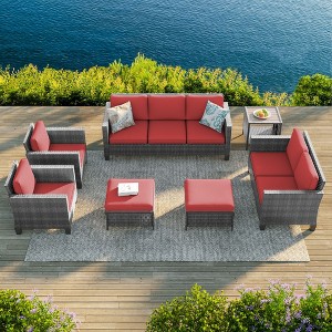 Sonkuki 7 Pieces PE Rattan Furniture Set with Side Table, Patio Chair with Cushion, Ottomans for Lawn, Light Gray - 1 of 4