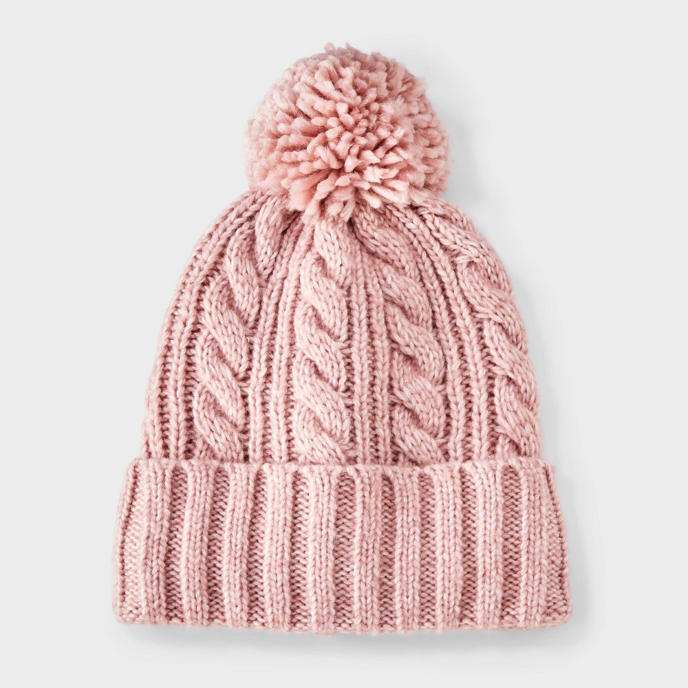 Girls' Cable Knitted Beanie with Pom Hat - Cat & Jack™ Pink