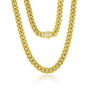 Metallo Stainless Steel, 12mm Miami Cuban, CZ Lock Necklace - Gold Plated - Gold - 24 Inch - 1 of 3