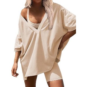 Ekouaer Womens Pajamas 2 Piece Lounge Sets Oversized V Neck T-Shirts Tops Biker Shorts Set Workout Reversible Tracksuit - 1 of 4