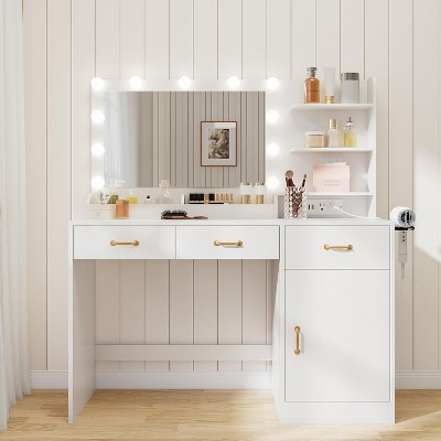 Modern Vanity Makeup Desk with Lighted and Mirror,Dressing Table with Charging Station, 3 Drawers, 2 Cubbies, 1 Cabinet & Open Shelves