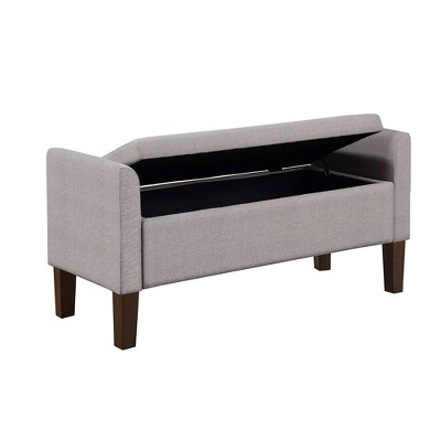 Light Grey Upholstered Flip-Top Storage Bench with Dark Wood Legs