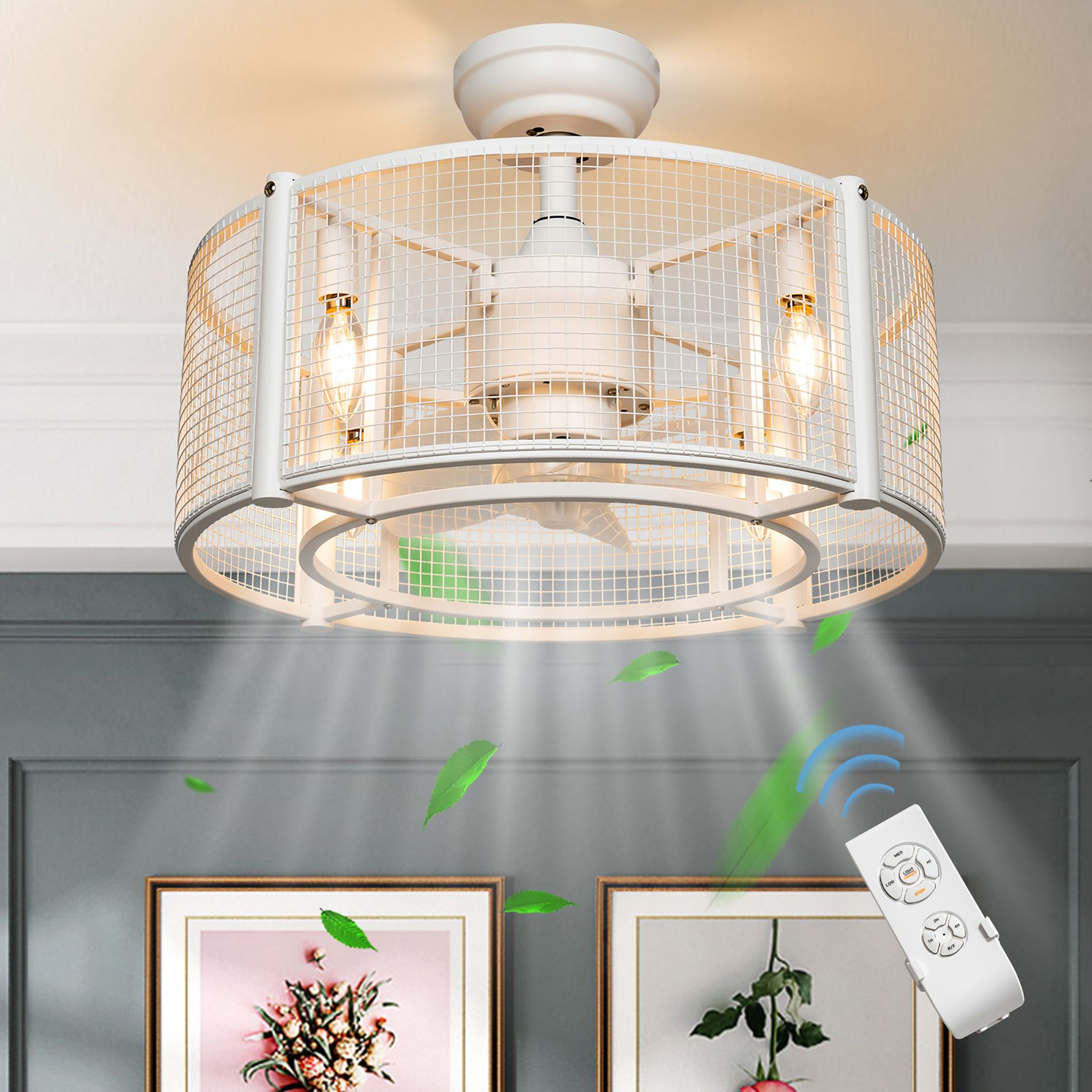 Costway 20'' Caged Bladeless Ceiling Fan with Light Reversible Motor & Remote Control