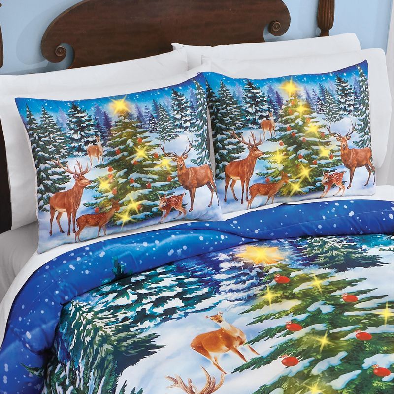 Collections Etc Lighted Christmas Tree with Deer Holiday Pillow Shams - Set of 2 Sham Multi, 2 of 4