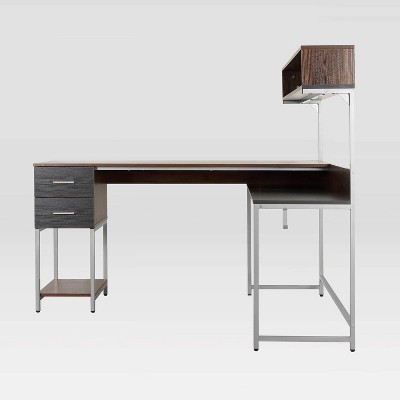 Walnut Wood L-Shaped Gaming Computer Desk with Hutch and Drawer