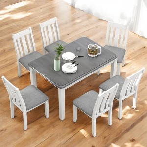 7-Piece Retro Extendable Dining Table Set with 6 Upholstered Chairs – Solid Wood & Distressed Finish for Dining Room and Kitchen - 1 of 4