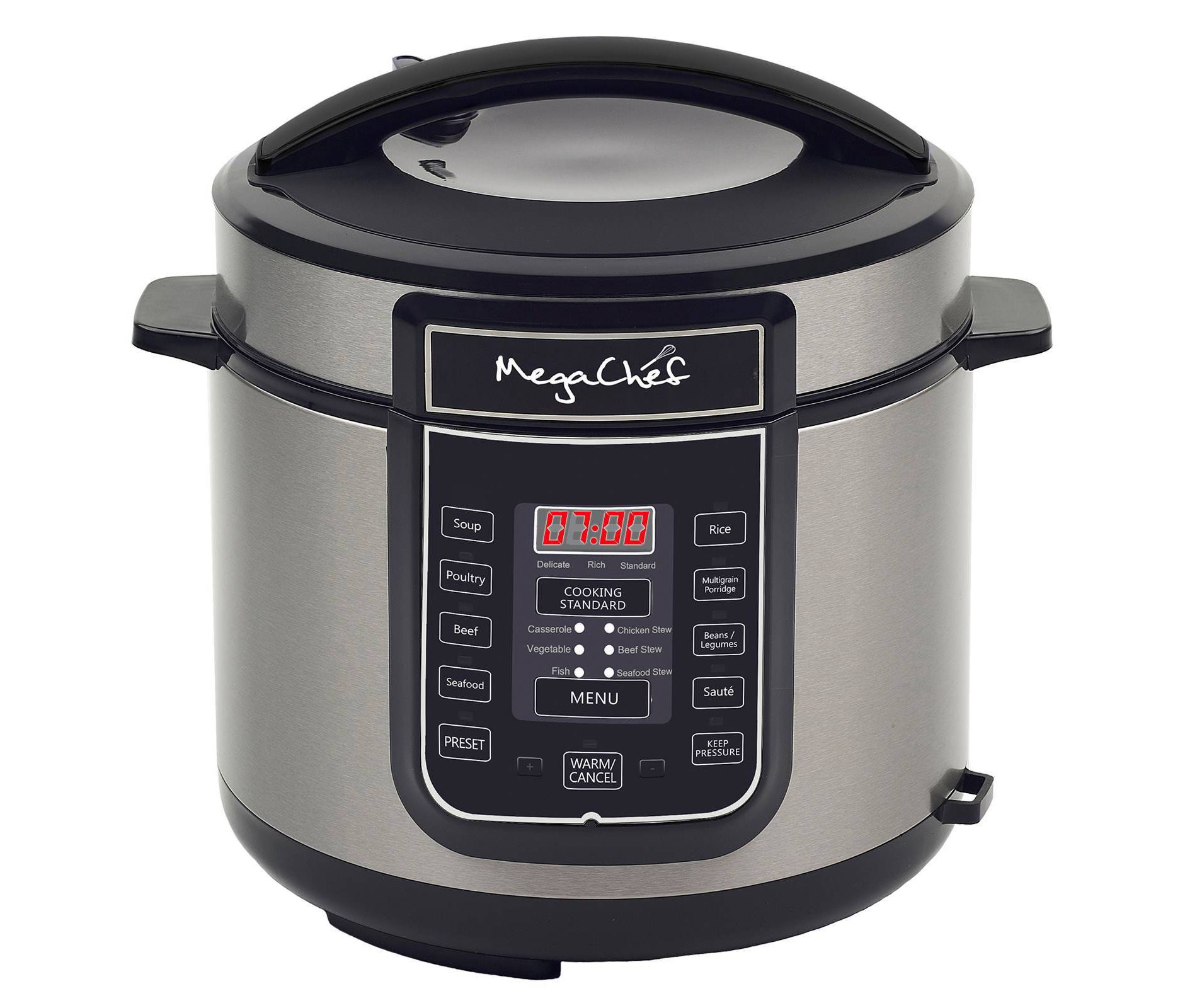 MegaChef 6 Quart Digital Pressure Cooker: Stainless Steel, Locking Lid, Dishwasher-Safe, 1000W, Silver