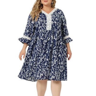 Agnes Orinda Women's Plus Size Retro V Neck Ruffle 3/4 Sleeve Floral ...