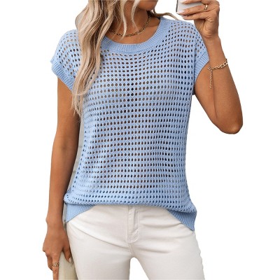 Womens Lightweight Crochet Sweater Tops for Summer Semi Sheer Cap Sleeve Crew Neck Pullover Sweater Vest Hollow Out Sweater Summer Tops