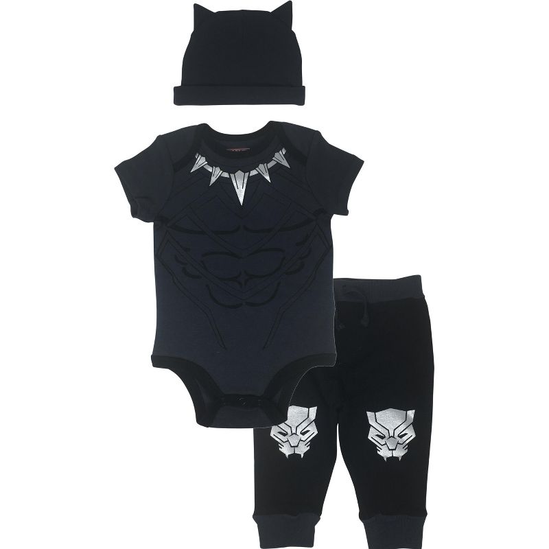 Marvel Avengers Black Panther Baby Cosplay Bodysuit Pants and Hat 3 Piece Outfit Set Newborn to Infant , 1 of 7
